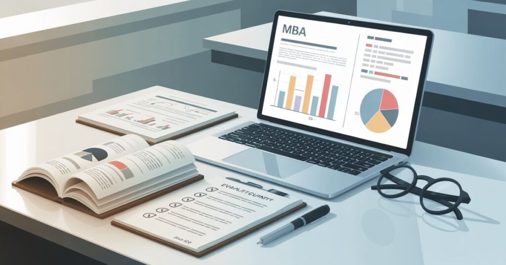 NMIMS Online MBA Assessment – Project Report & Performance Analysis NMIMS Online MBA Assessment showing MBA project report, evaluation form, and performance analytics on laptop
