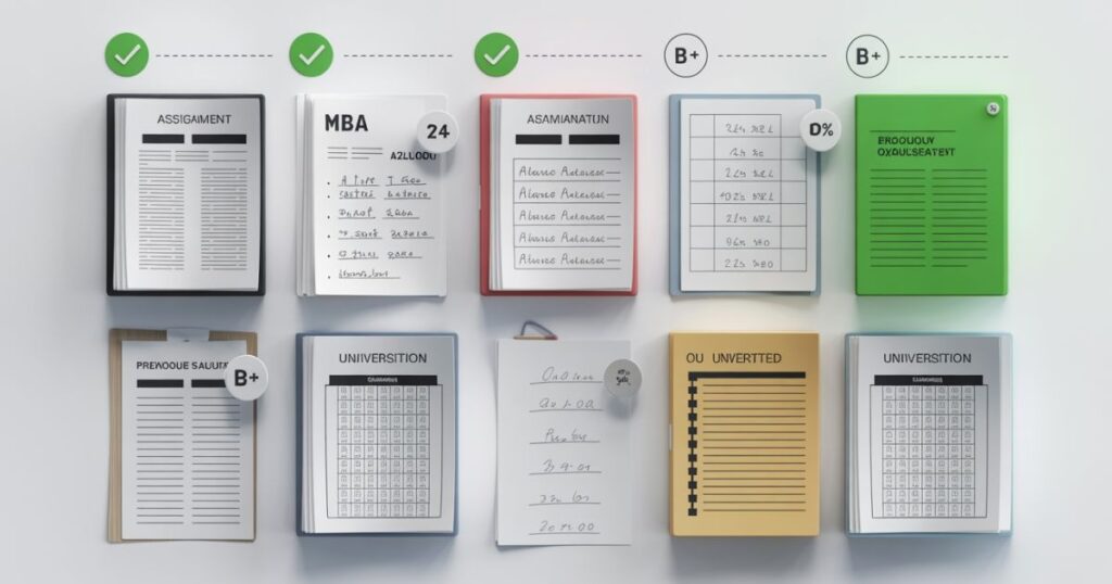 NMIMS Online MBA Assessment – Assignments, Exams & Grading System NMIMS Online MBA Assessment showing assignments, exam evaluation sheets, grades, and academic performance records