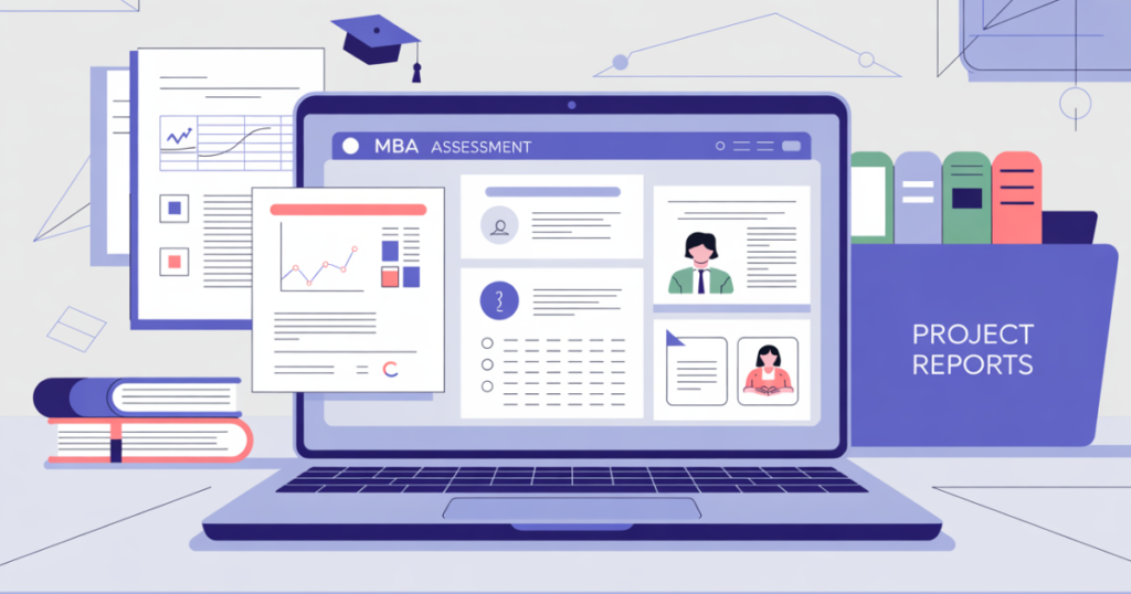 NMIMS Online MBA Assessment – Exam Dashboard & Evaluation System NMIMS Online MBA Assessment dashboard showing online exam interface, student evaluation, and project reports