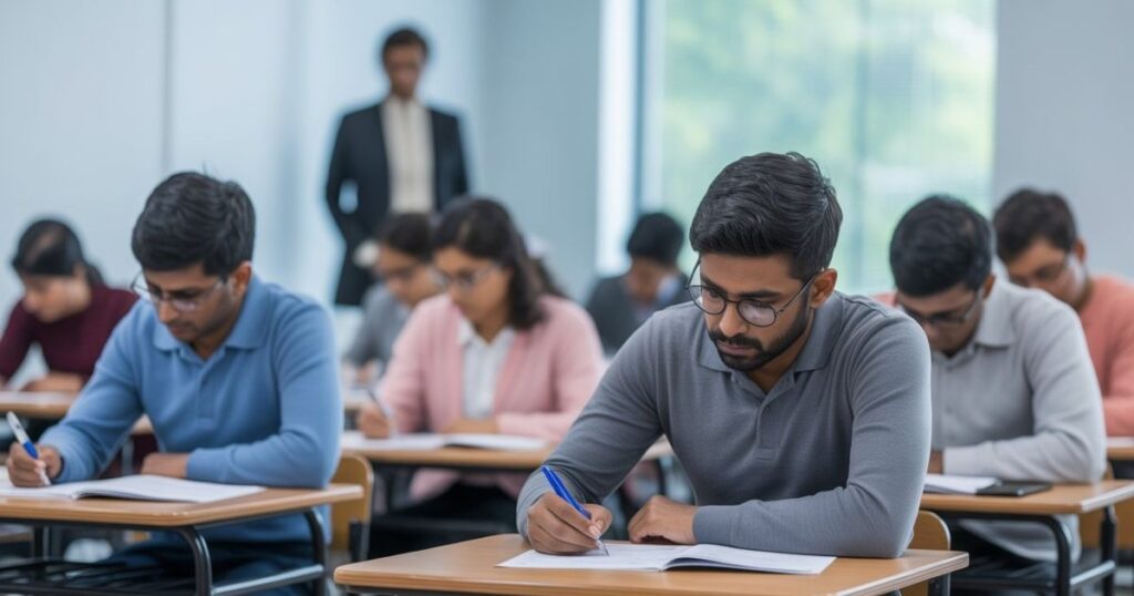 Students Writing University Examination in Classroom Students writing an exam in a classroom while an invigilator supervises during a formal assessment.