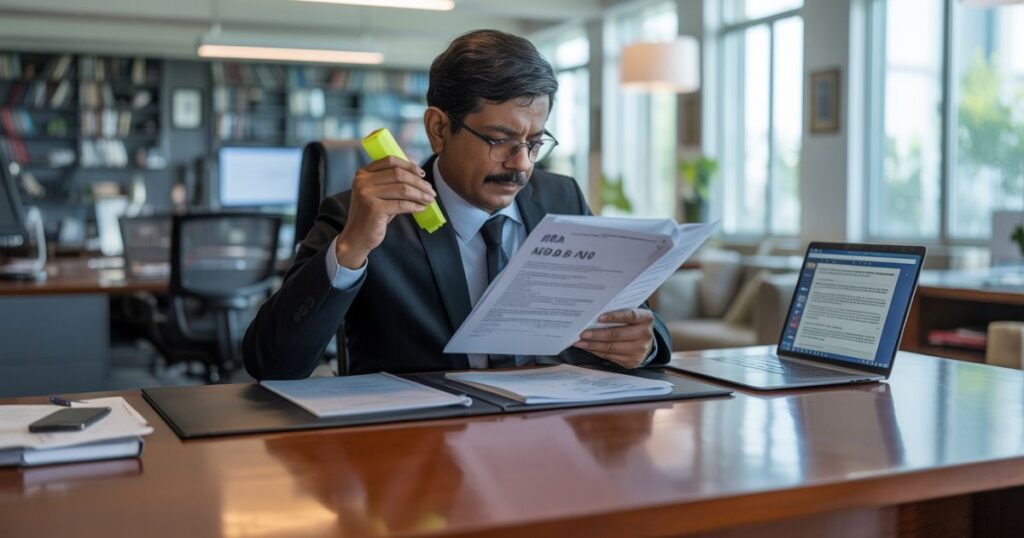 online-mba-examiner-evaluating-answer-sheets.jpg An online MBA examiner reviewing and evaluating answer sheets at an office desk.