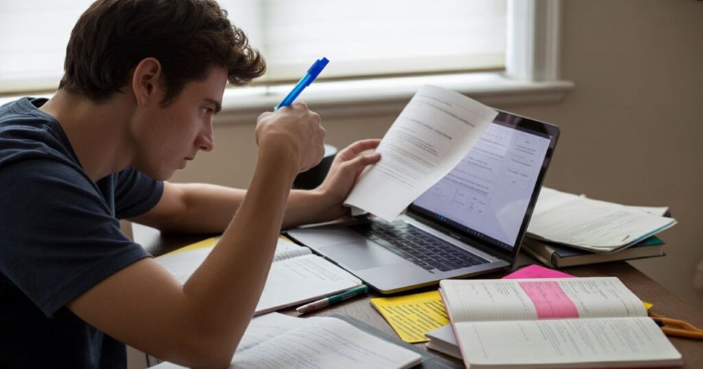 Identifying Important Topics in SCOL Exams Study desk setup showing organized preparation using previous exam papers and notes