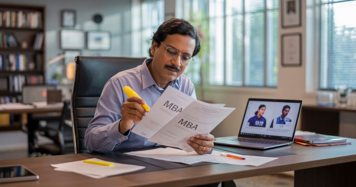 Examiner reviewing MBA answer sheets and grading papers at office desk
