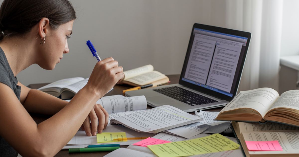 Student analyzing SCOL exam question papers and study notes to understand exam patterns