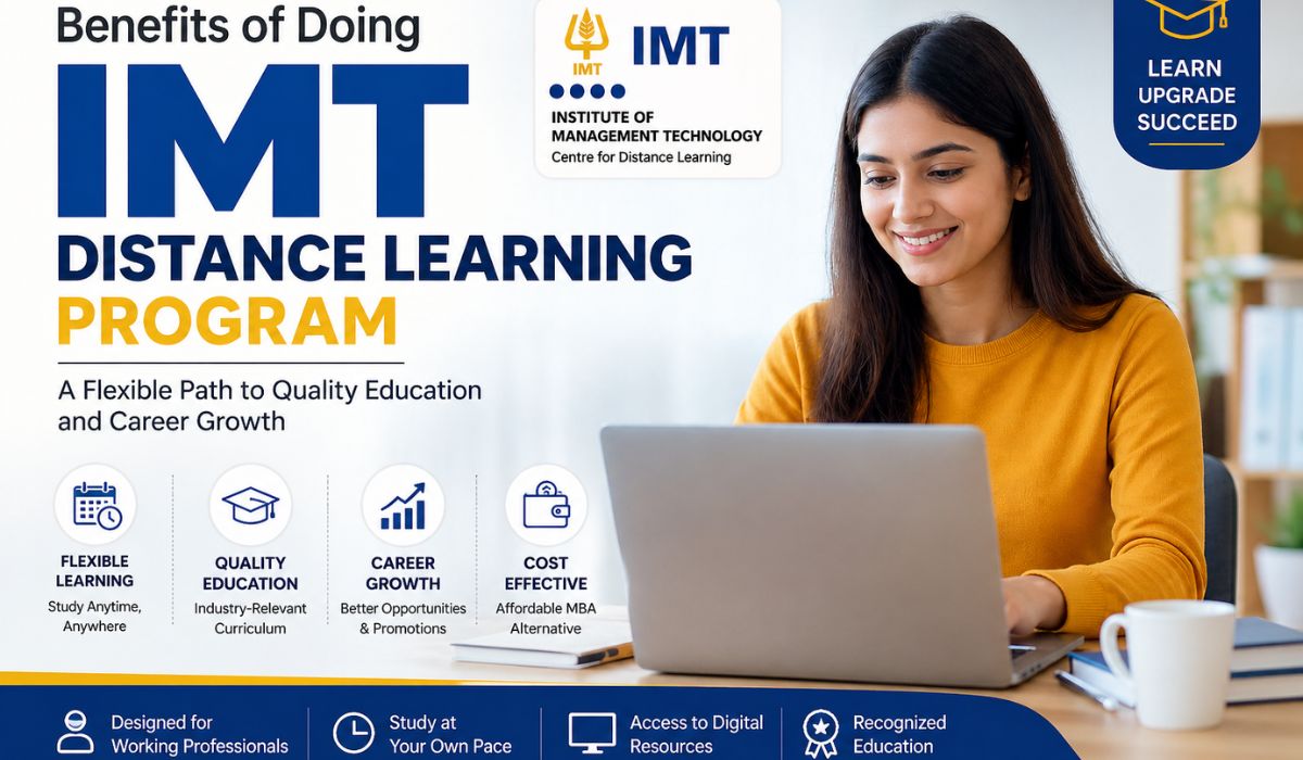 Student studying online showing benefits of IMT distance learning program including flexible learning and career growth
