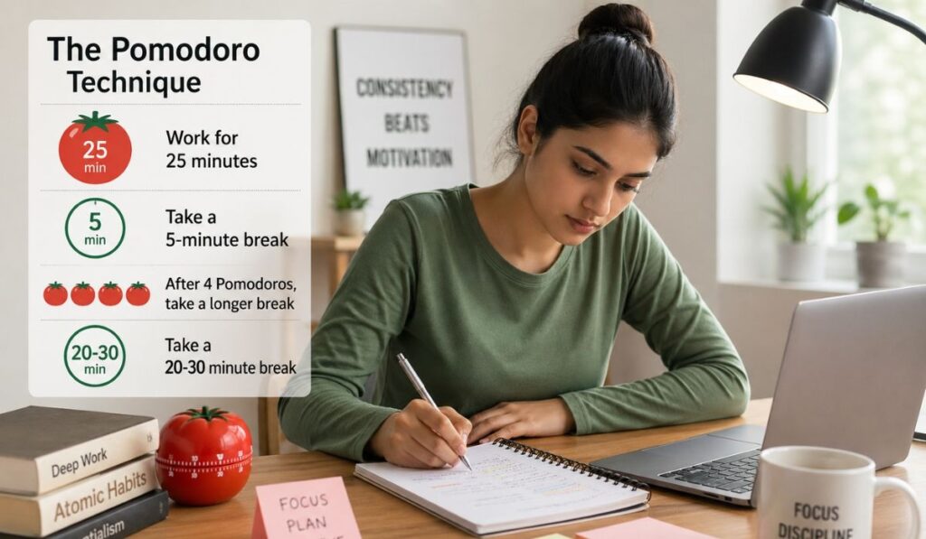 Pomodoro Technique for IMT Assignments – Study Smarter Without Stress Student using Pomodoro technique with 25 minute focus and 5 minute break while completing IMT assignments