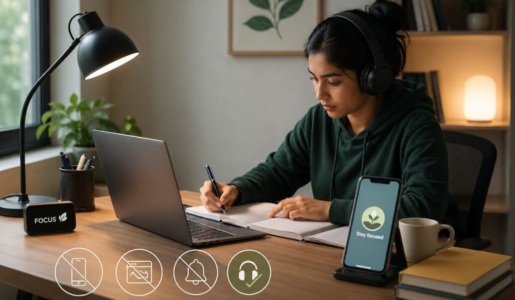Stay Focused While Doing IMT Assignments – Distraction-Free Study Tips Student studying with headphones in a distraction free environment while working on IMT assignments
