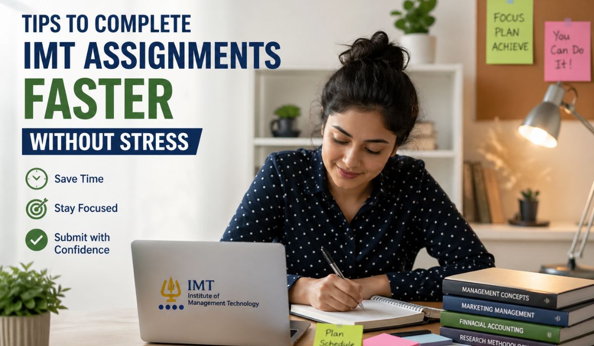 Student working on IMT assignments on laptop with tips to complete assignments faster and stay focused