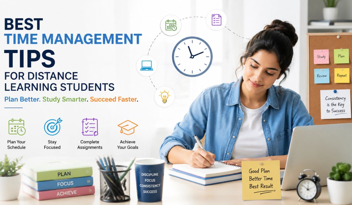 Distance learning student managing study schedule and assignments with effective time management tips for online learning success