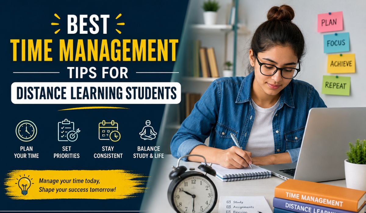 Student studying online with laptop and planner while following time management tips for distance learning and academic success