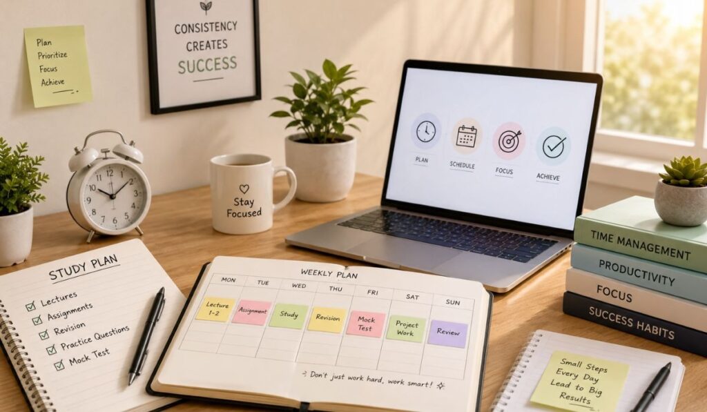 Maintain Consistency Instead of Long Study Hours for Better Learning Study planner and weekly schedule setup showing consistency and smart study habits instead of long study hours for students