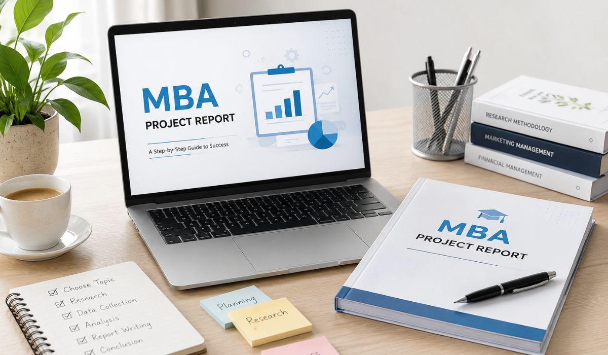 Workspace setup showing an MBA project report on laptop and printed report with research planning notes and academic resources