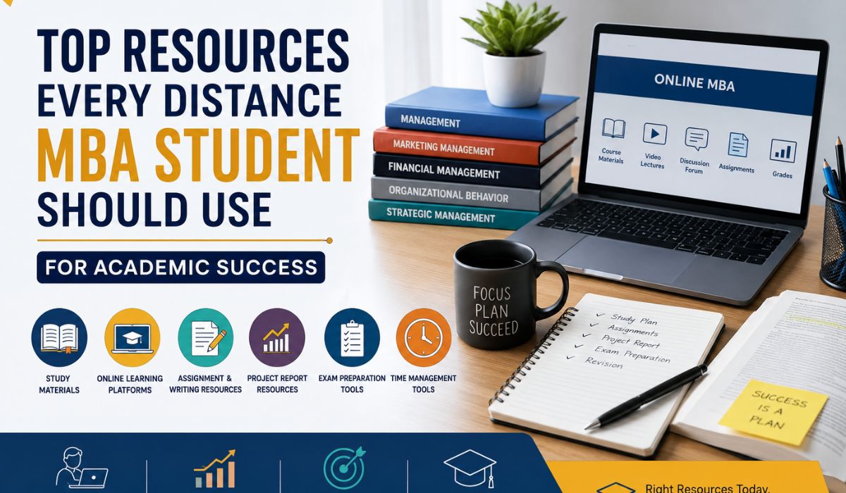 Online MBA study resources including assignments, project reports, exam preparation tools, study materials, and learning platforms