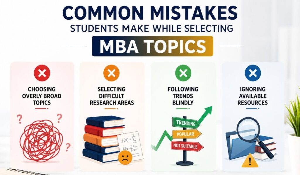 Common Mistakes Students Make While Selecting MBA Topics Educational infographic showing common mistakes students make while selecting MBA project topics including broad topics and difficult research areas