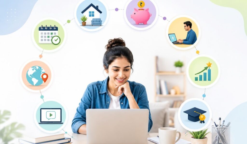 Benefits of Distance Learning in India – Flexible and Affordable Education Student studying online from home using a laptop, illustrating the key benefits of distance learning in India including flexible schedule, affordability, career growth, and recognized degrees.