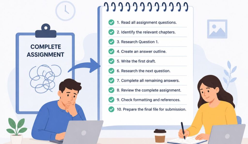 Step-by-Step Guide to Complete an Assignment Step-by-step assignment completion guide showing how students can research questions, create outlines, write answers, review formatting, and prepare the final submission.