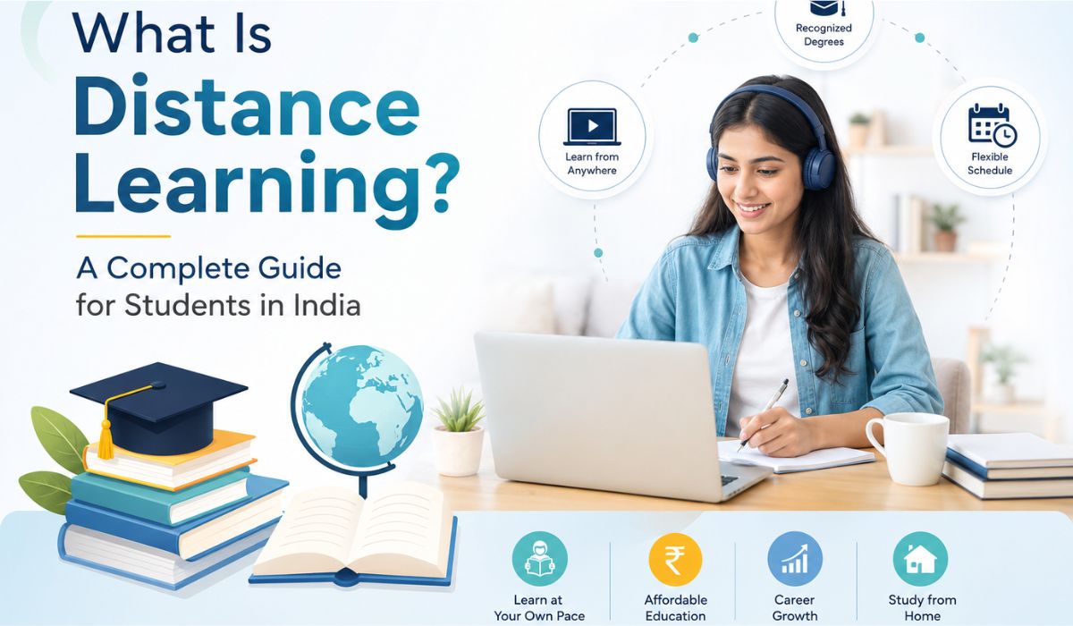 Student attending an online distance learning class on a laptop with flexible schedule and recognized degree benefits in India.