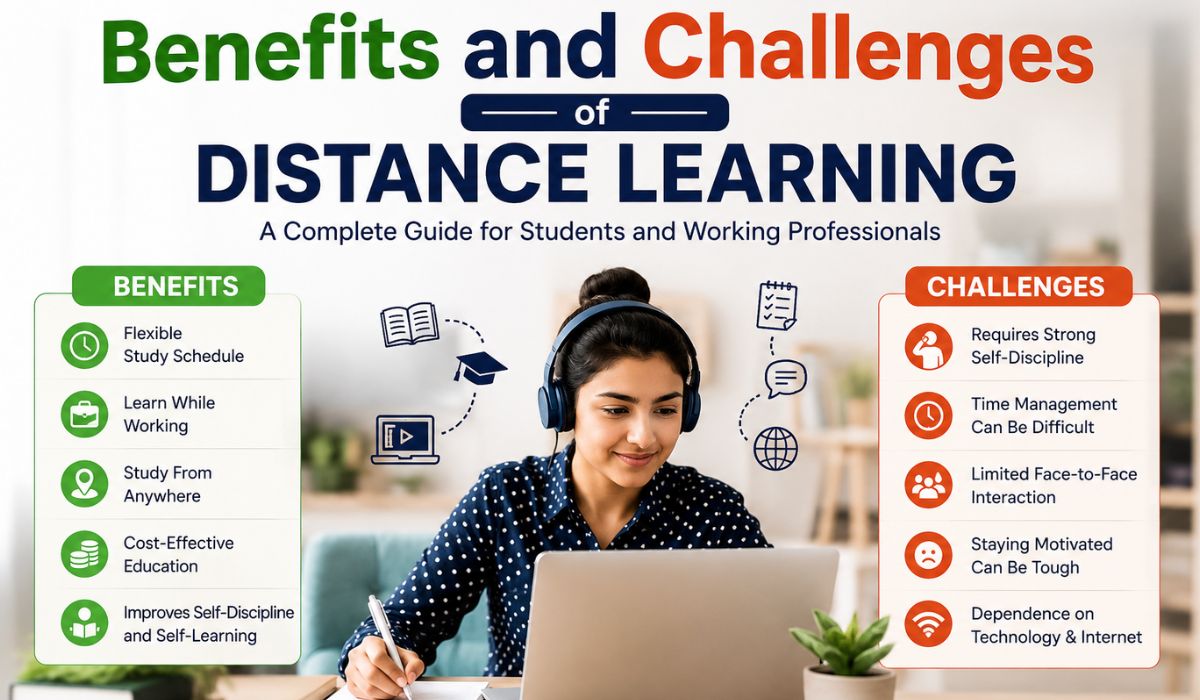 Benefits and challenges of distance learning, including flexible study schedules, learning while working, self-discipline, time management, limited interaction, and technology dependence.
