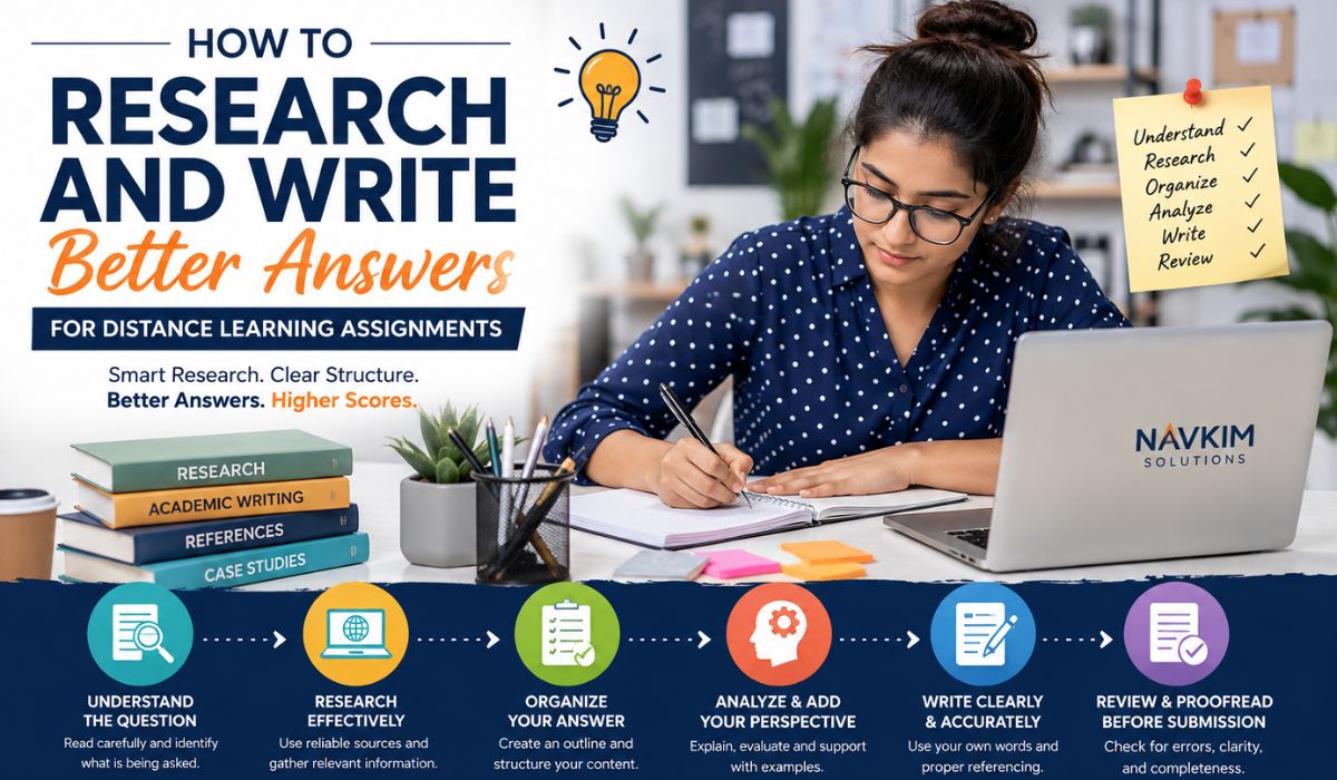 Student researching and writing a distance learning assignment on a laptop, following steps to understand, research, organize, analyze, write, and proofread academic answers.