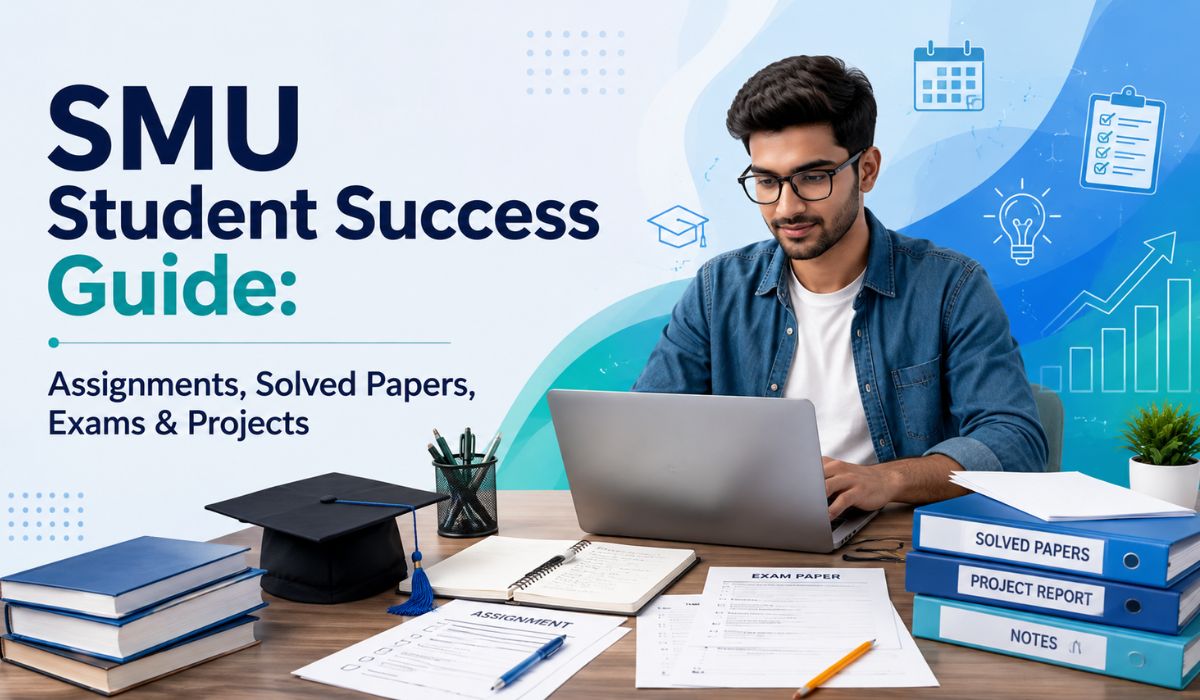Student studying on a laptop with SMU assignments, solved papers, exam papers, project reports, and study materials on a desk