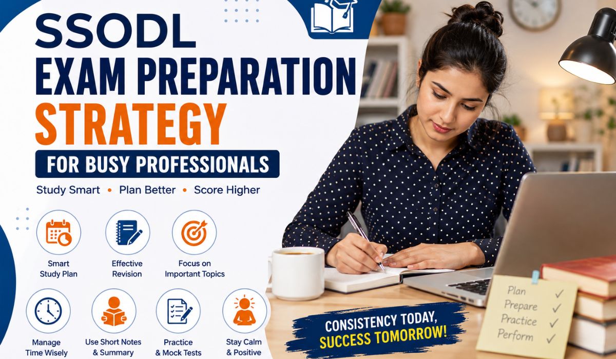 Student following an SSODL exam preparation strategy for busy professionals using a laptop, study planner, short notes, and mock tests to prepare effectively for distance education exams.